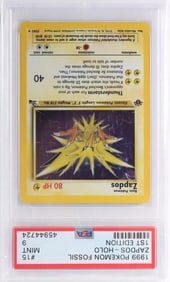 1999 POKEMON FOSSIL ZAPDOS HOLO 1ST ED. #15 PSA 9
