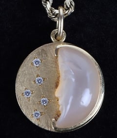 18K GOLD MOONSTONE DIA PENDANT W/ 14K GOLD CHAIN