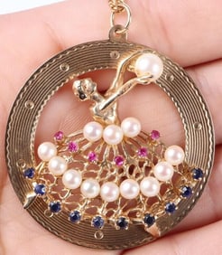 18GRAM 14K PEARL SAPPHIRE RUBY BALLERINA PENDANT