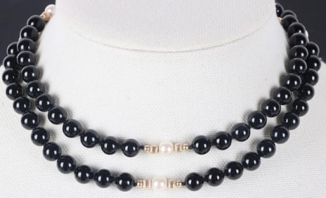 ONYX & PEARL 14K YELLOW GOLD BEADED NECKLACE