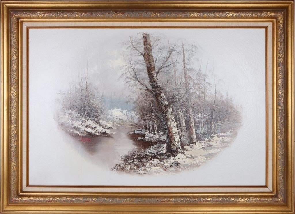 BOB ROSS WINTER SCENE PAINTING IN THE MANNER OF: Bob Ross (1942-1995, America) large winter scene oil painting done by an unknown artist in the manner of Bob Ross. Heavy impasto and some craquelure visibleSize: 31" X 44" framedCondition: See images