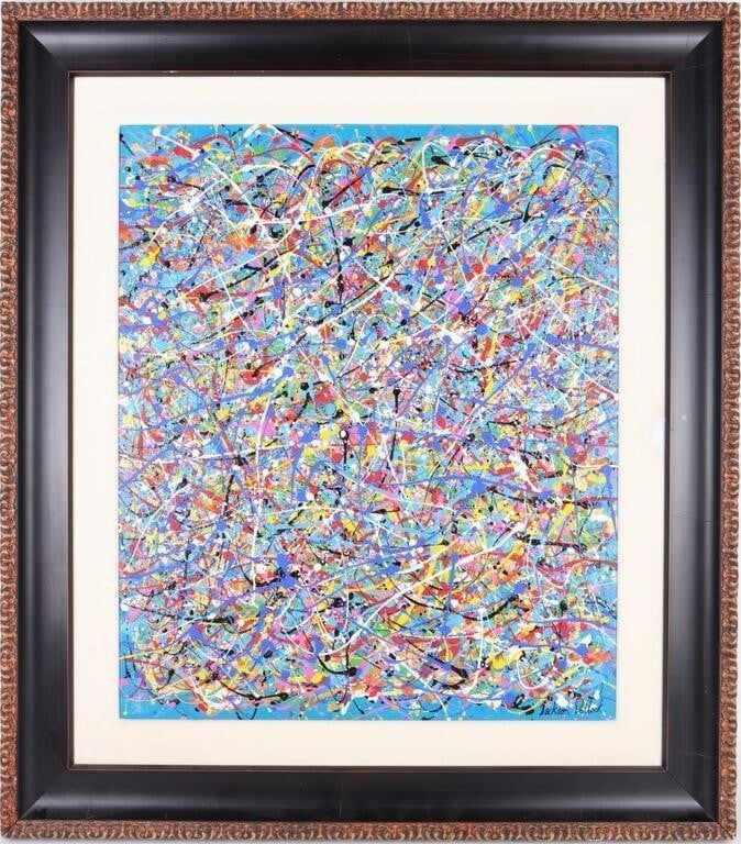 AFTER JACKSON POLLOCK ORIGINAL OIL PAINTING Framed: After Jackson Pollock (1912-1956, American) original oil abstract painting. This painting was created by an unknown artist after the time of Pollock. Pollock was widely noticed for his "drip technique