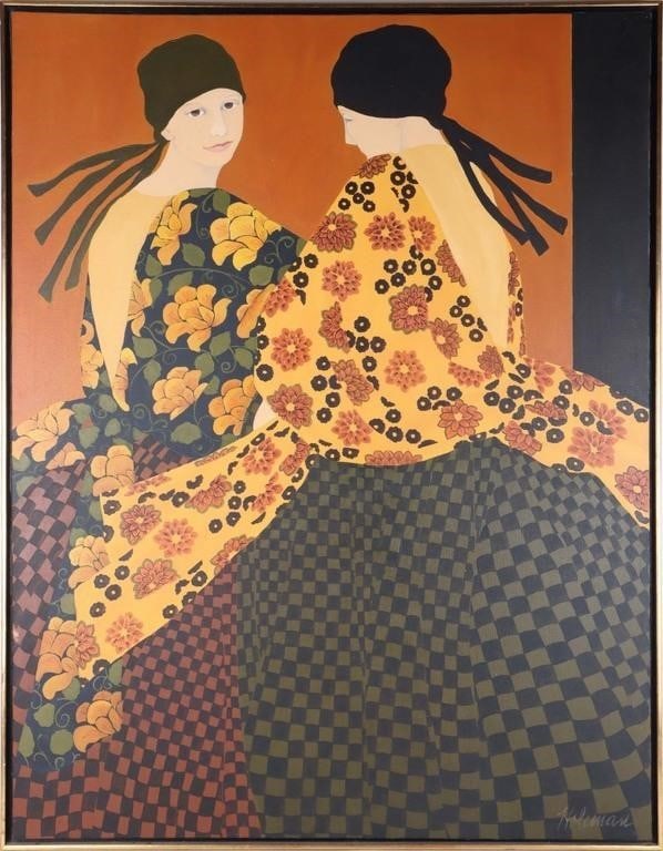 PAMELA HOLEMAN OIL ON CANVAS OF TWO WOMEN FRAMED: Pamela Holeman (American, 20th Century) oil on canvas of two women wearing a checkered dress and beautiful flower design. Size: 37.25" X 49.00" Framed Condition: Little to no blemishes. See images for