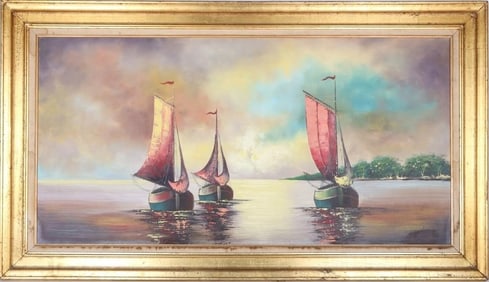 PAINTING SAILBOATS AT SUNSET OIL UNKNOWN ARTIST
