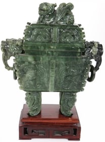 ANTIQUE CHINESE SPINACH JADE CARVED INCENSE BURNER