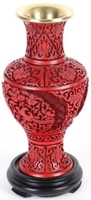 CHINESE CINNABAR & BRASS CARVED VASE W/ STAND