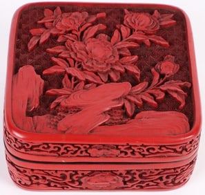 CHINESE CINNABAR & LACQUERED CARVED FLORAL BOX