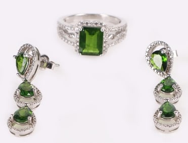 TSAVORITE GARNET STERLING SILVER RING & EARRINGS
