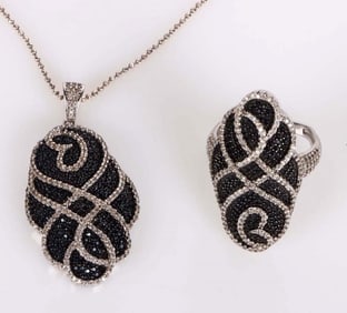 STERLING SILVER SAPPHIRE ONYX MATCHING JEWELRY SET