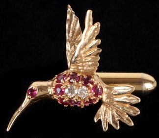 14K YELLOW GOLD DIAMOND RUBY HUMMINGBIRD PIN