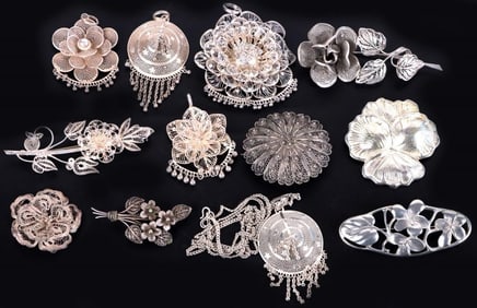 STERLING SILVER PENDANTS & BROOCH LOT OF 12