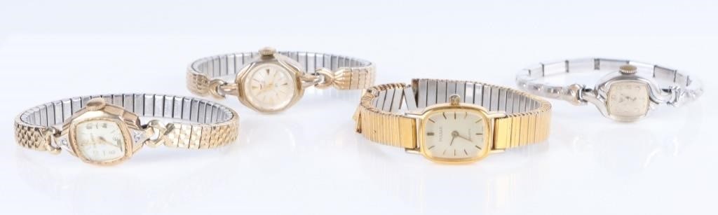 DAINTY SILVER & GOLD TONE LADIES WRISTWATCHES (4): Dainty silver & gold tone ladies wristwatches (4). All watches have expandable bands. Brands include Bulova, Wiltham, Elgin & Pulsar.Stainless steel Wristwatch LadiesWeight: 64.0 Grams totalCondition: