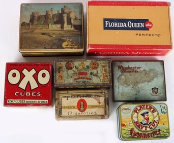 ANTIQUE CIGARETTE, CANDY, & BOUILLON CUBE TINS (7)