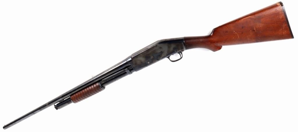 MARLIN MODEL 44 PUMP ACTION SHOTGUN FAIR QUALITY: Marlin Model 44 20 gauge pump action shotgun. The barrel features an inscription which reads "The Marlin Firearms Corporation, New Haven, Conn. USA". Following this is patent information. These pieces