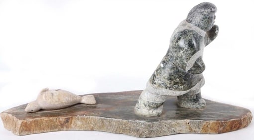 J TOBUK INUIT SOAPSTONE HUNTING SCENE MIDCENTURY