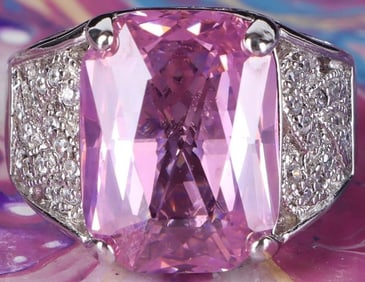 LARGE PINK CUBIC ZIRCONIUM STERLING SILVER RING