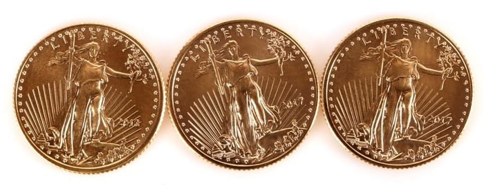 GOLD EAGLE COIN 1/10 OZ FINE GOLD 2013 & 2017 (3)