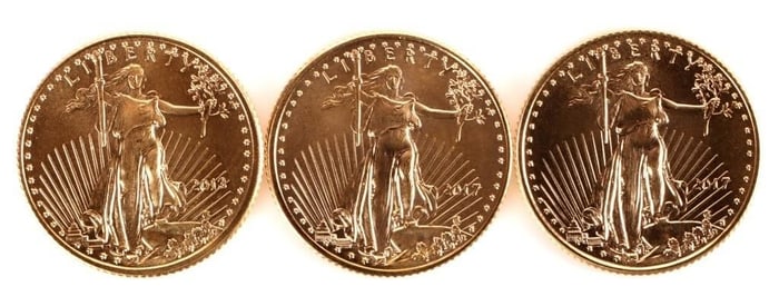 GOLD EAGLE COIN 1/10 OZ FINE GOLD 2013 & 2017 (3)