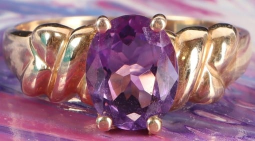 14K YELLOW GOLD MENS RING W/ AMETHYST GEMSTONE