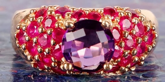 14K YELLOW GOLD RUBY AMETHYST LADIES RING