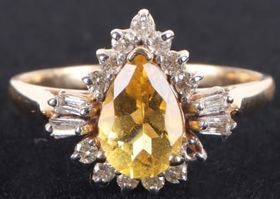 14K YELLOW GOLD DIAMOND CITRINE LADIES RING
