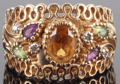 14K MULTI GEMSTONE LADIES FILIGREE RING