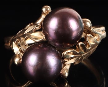 7.7MM PURPLE PEARL 14K YELLOW GOLD LEAF RING