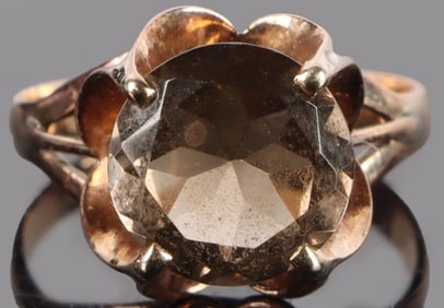 14K YELLOW GOLD SMOKY QUARTZ LADIES RING