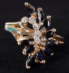 VINTAGE 14K MARQUISE CUT SAPPHIRE & DIAMOND RING