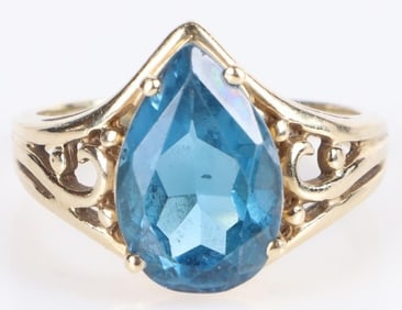 14K YELLOW GOLD 3CT PEAR SHAPED TOPAZ RING