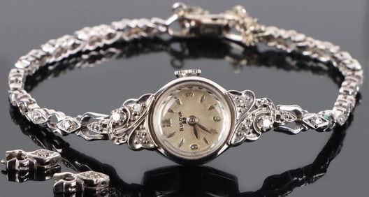 BULOVA 14K WHITE GOLD WATCH W/ DIAMONDS & SAPPHIRE