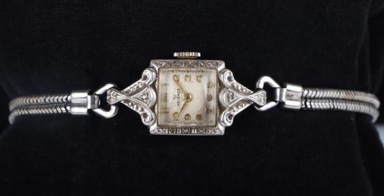 ANTIQUE HELBROS 14K WHITE GOLD LADIES WATCH
