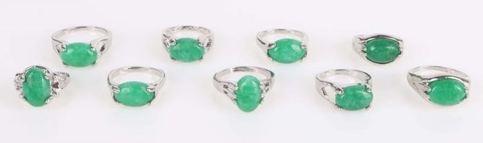 GREEN JADE LADIES SILVER-TONE RINGS - LOT OF 9