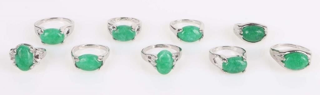 GREEN JADE LADIES SILVER-TONE RINGS - LOT OF 9 (1 of 3)