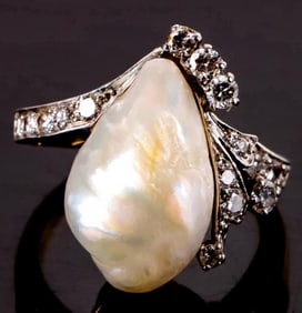 10K YELLOW GOLD DIAMOND BIWA PEARL LADIES RING