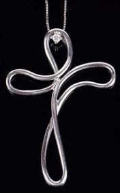 18K WHITE GOLD DIAMOND LADIES WIRE CROSS NECKLACE