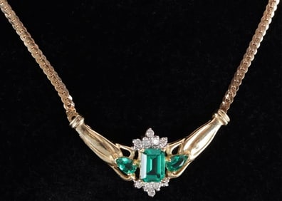 14K YELLOW GOLD LADIES NECKLACE W/ DIAMONDS & EMRL