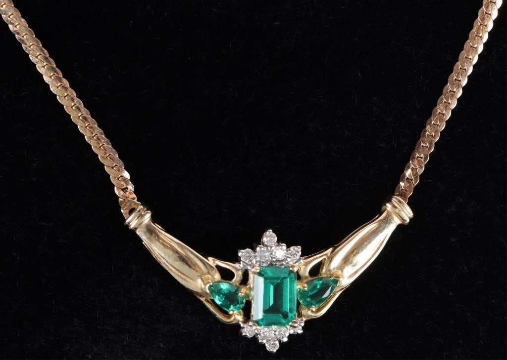 14K YELLOW GOLD LADIES NECKLACE W/ DIAMONDS & EMRL (1 of 4)