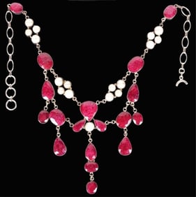 MAGENTA RUBY & PEARL STERLING SILVER NECKLACE