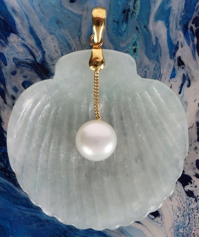 JADE SELL & PEARL 14K YELLOW GOLD LADIES PENDANT (1 of 2)
