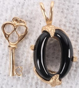 TWO 14K YELLOW GOLD LADIES PENDANTS KEY & ONYX