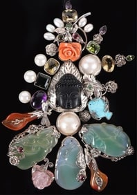 MASSIVE STERLING SILVER PENDANT BUDDHA JADE PEARLS