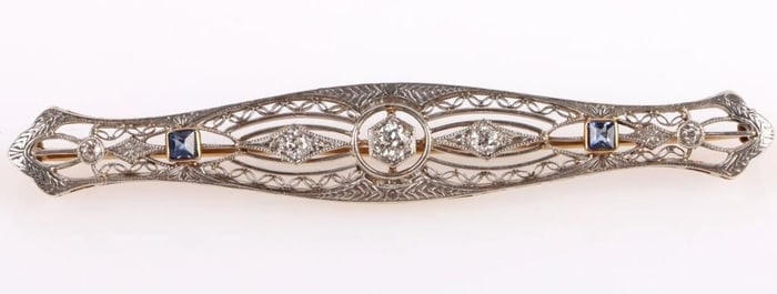 ANTIQUE ART DECO 14K GOLD DIAMOND SAPPHIRE BROOCH