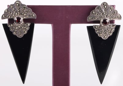 VINTAGE ONYX & NEPHRITE STERLING SILVER EARRINGS