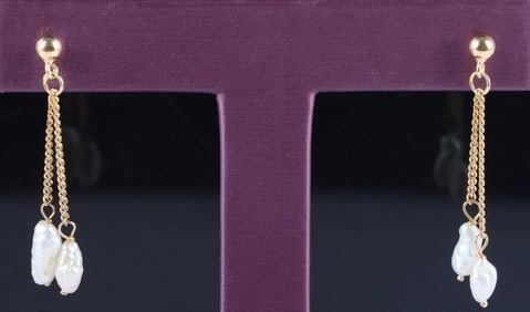 18K YELLOW GOLD STUD DANGLE EARRINGS W/ PEARLS