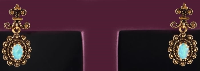 14K YELLOW GOLD FILIGREE LADIES EARRINGS W/ OPAL