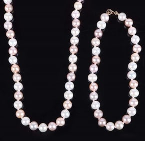 14K GOLD CLASPED WHITE & PINK PEARL JEWELRY SET