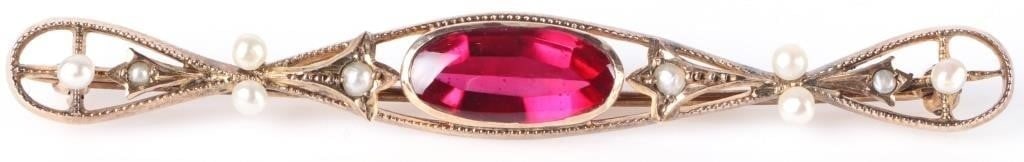 ANTIQUE RUBY & PEARL 10K YELLOW GOLD LADIES PIN (1 of 4)