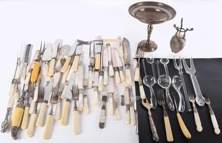 ANTIQUE SILVERWARE STERLING, STEEL, MOP, GLASS 71