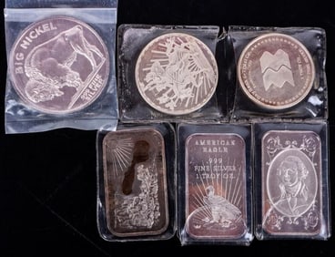 ASSORTED FINE SILVER BULLION BARS/ ROUNDS - (6)